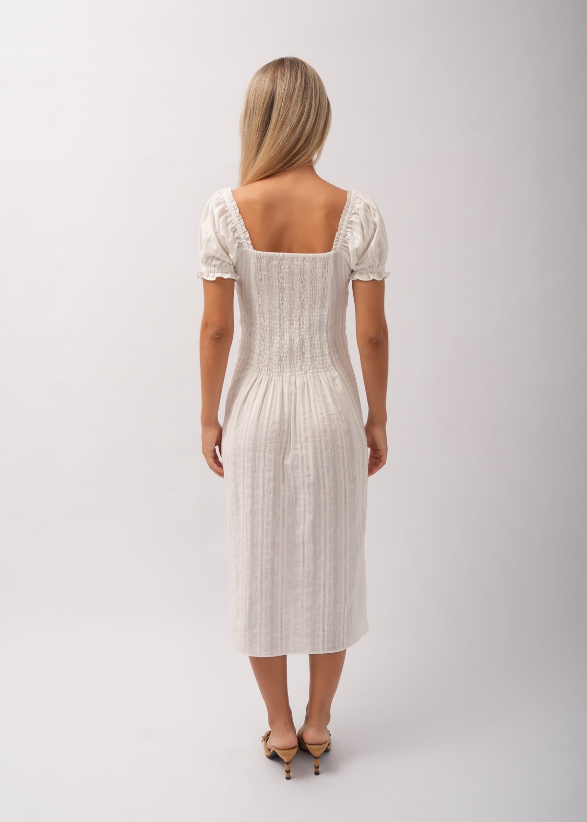 Tara & Gaia Iris Midi Dress in Ivory - back view on model Julia