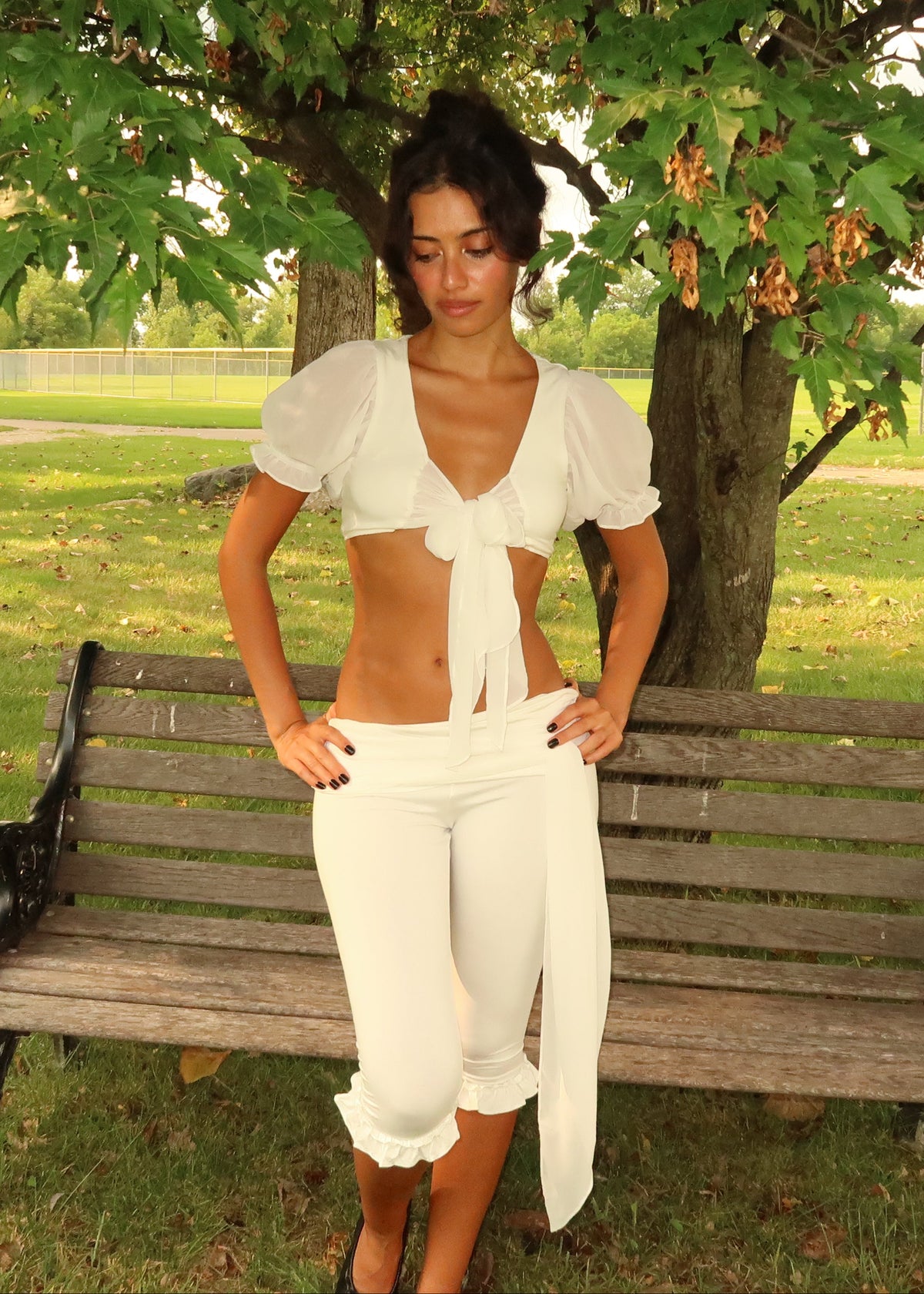 Tara & Gaia Layla capri in ivory - front view of model Tara
