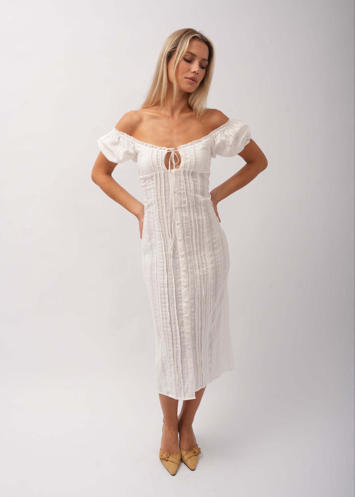 Tara & Gaia Iris Midi Dress in Ivory - front view on model Julia